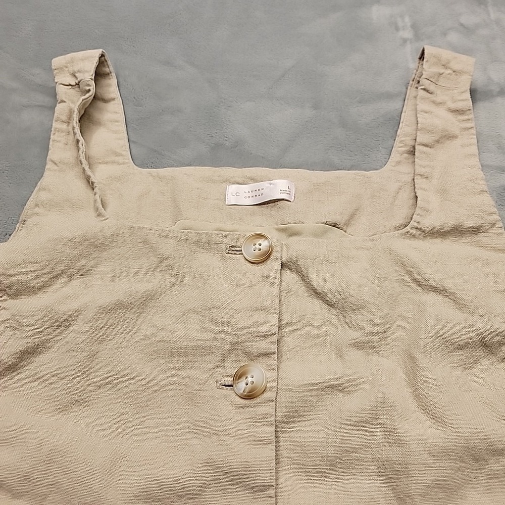 LC Lauren Conrad Shirt Womens L Tan Button Down Linen Blend Tie Back Sleeveless - Picture 3 of 9